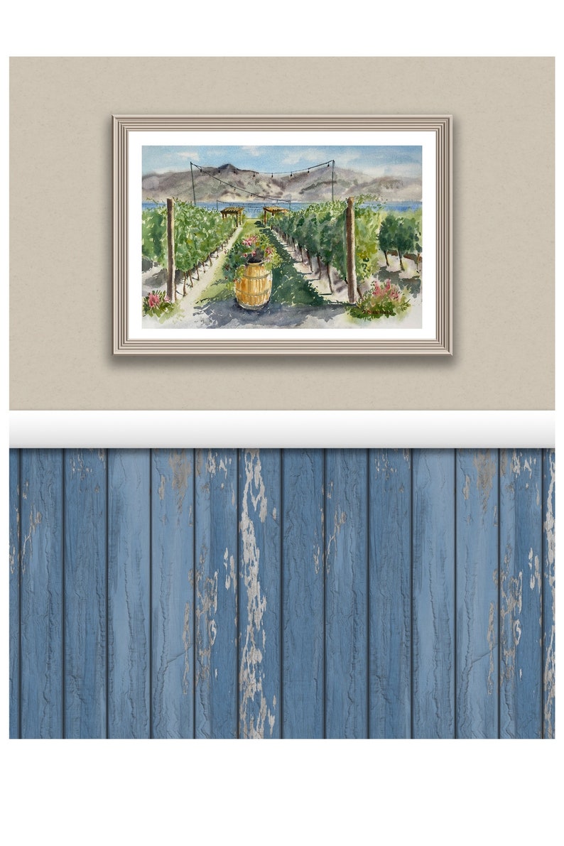Rolled Posters Watercolor Vineyard Landscape With Lake View Kelowna BC