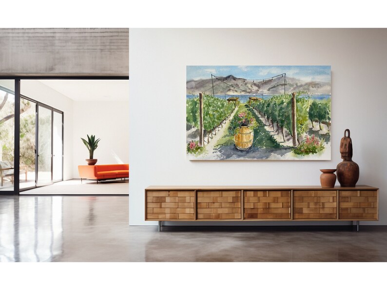 Rolled Posters Watercolor Vineyard Landscape With Lake View Kelowna BC