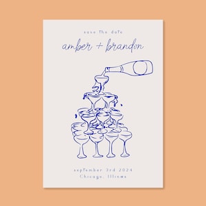 Modelo SAVE THE DATE para casamento, torre de champanhe desenhada à mão, retrô, vintage, manuscrito, funky, divertido, salve a data, várias opções de cores