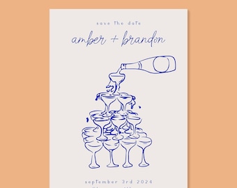 Wedding SAVE THE DATE Template, hand drawn champagne tower, retro, vintage, handwritten, funky, fun save the date, multiple color options