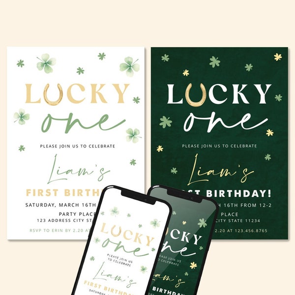 LUCKY ONE - First Birthday invitation + eVite Template, St. Patricks day invitation, Irish shamrock, 2 color options, Printable, Editable