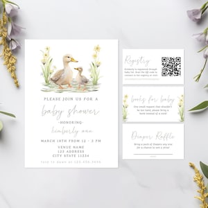 Plantilla de invitación de baby shower de ganso con tarjeta de registro, libros para bebé, rifa de pañales, ducha de patos de ganso, género neutro simple
