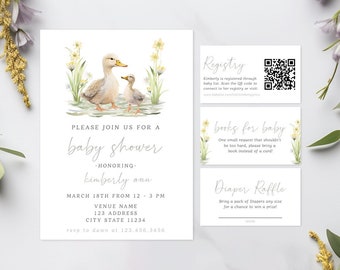 Goose Baby Shower Invitation template with registry card, Books for baby, Diaper Raffle, Goose chick ducks shower, simple gender neutral