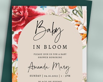 Baby in Bloom Invitation Template, Wild Flower Baby Shower invitation, Printable, Editable, Template, Wildflower