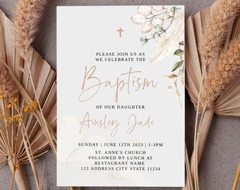 Boho Baptism Invitation Template, invitation, Printable, Editable, Template, Pampas Beige and Blush Pink Christening Invitation