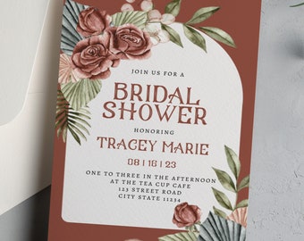 Boho Arch Floral Shower Invitation Template, invitation, Printable, Editable, Template, Arched, Pampas, Greenery, Rust, Bohemian Invitation
