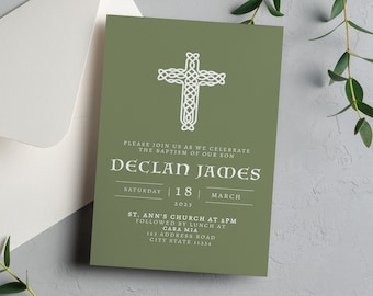 Green Irish Baptism Invitation Template, Celtic invitation, Printable, Editable, Template, Green Christening Invitation