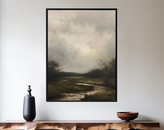 Vintage Moody Landscape, Dark Ireland inspired river stream landscape, Oil Painting Digital Wall Art, Dark Gloomy Moody Theme Painting
