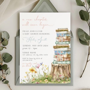 STORYBOOK Baby Shower Einladung Set-Vorlage | Registerkarte, Buch für Baby, Windel-Gewinnspiel | Buch Thema BABY SHOWER, schlicht geschlechtsneutral