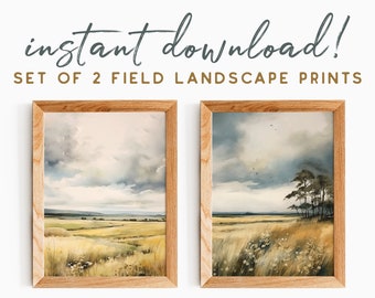 Muted field Landscape Prints Set of 2, Watercolor Style, Instant Download, Minimal Prints, Gallery Wall Set, Minimal Muted Wall Art