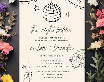 Wedding Rehearsal dinner Template, hand drawn champagne tower, retro, vintage, handwritten, funky, fun Night before, multiple color options