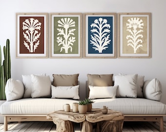 Boho Botanical Vintage Floral Abstract Prints Set of 4, Instant Download, Gallery Wall Art, Digital Prints, Boho Rustic Wall Art