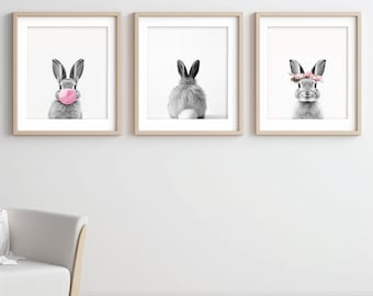 Bunny Digital Poster Print Set of 3 Posters, Rabbit Art, BUNNY NURSERY ART, Girl Nursery Prints, Peekaboo Animal Print Set