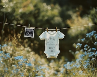 May include: A white onesie with the text "Baby Martinez JULY 2025" hanging on a clothesline with a black and white ultrasound image hanging next to it.