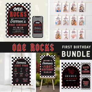 ONE ROCKS - First Birthday Invitation + Signage BUNDLE, Rock n Roll birthday, One Rocks First birthday invitation with matching signs