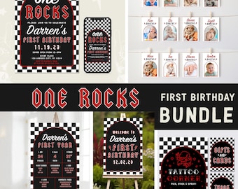 ONE ROCKS - First Birthday Invitation + Signage BUNDLE, Rock n Roll birthday, One Rocks First birthday invitation with matching signs