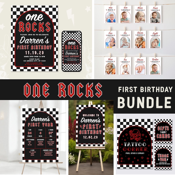 ONE ROCKS - First Birthday Invitation + Signage BUNDLE, Rock n Roll birthday, One Rocks First birthday invitation with matching signs