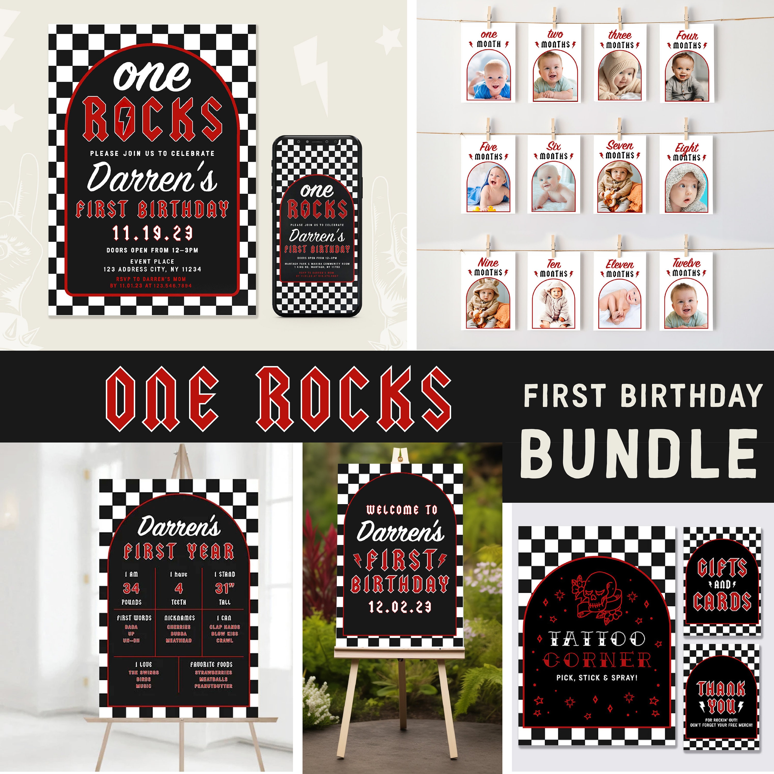 One Rocks First Birthday ONE ROCKS - First Birthday Invitation + Signage BUNDLE, Rock N Roll ...