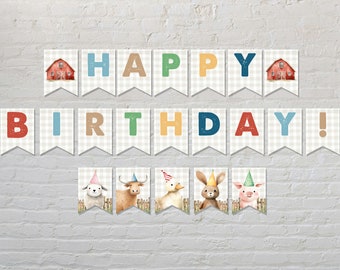 Farm First Birthday High Chair Flags and Birthday Banner | Farm Animals 1st Birthday Flag Template | Barnyard Animals First Birthday Banners
