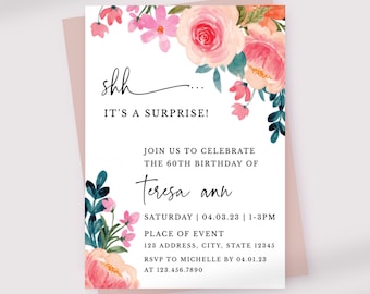 Floral Surprise Birthday Invitation, Surprise Birthday Template, Bridal shower, Baby shower, Floral Invite, Printable, Editable, Template