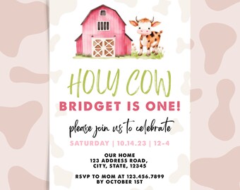 Holy Cow Birthday Invitation, Birthday Digital Template, First Birthday, Baby Girl, Cow Theme Invite, Printable, Editable, Template