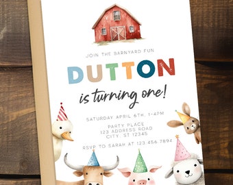 Farm First Birthday Invitation Template | Farm Animals 1st Birthday Invite | Barnyard Animals First Birthday | Boy 1st Birthday
