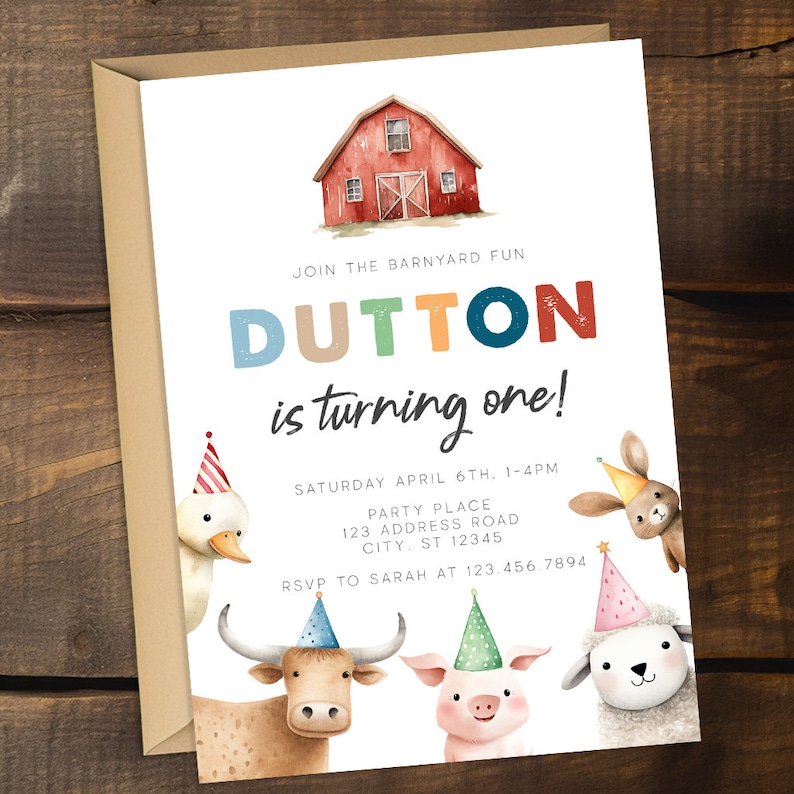 Farm First Birthday Invitation Template | Farm Animals 1st Birthday ...