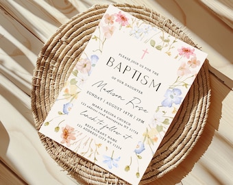 Flower BAPTISM Invitation Template | GIRL Christening Template | Wildflower Christening Invitation | Floral Girl Baptism Invite
