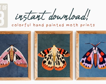 Set di 3 stampe digitali di falene dipinte a mano, stile boho dipinto a mano, download immediato, stampe minimaliste, set da parete per gallerie, arte murale minimalista