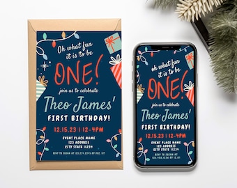 Oh What Fun it is to be ONE - First Birthday invitation Template, invitation, Printable, Editable, evite Template, Winter birthday Invite