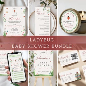 Paquete de invitaciones para baby shower de mariquita, libros de registro, tarjetas de pañales, letrero de bienvenida, menú, recuerdos de agradecimiento y descarga digital instantánea.