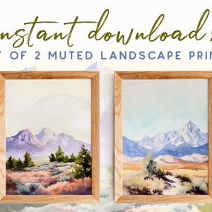 Set di 2 stampe di paesaggi desertici di montagna dell'Arizona in sordina, stile acquerello, download immediato, set da parete Boho Gallery, arte murale minimalista