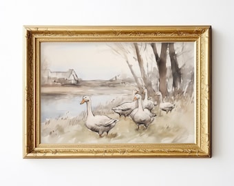 Antique Geese Digital Print | VINTAGE NURSERY wall decor | Spring DUCKS watercolor painting | farmhouse wall decor | vintage wall art