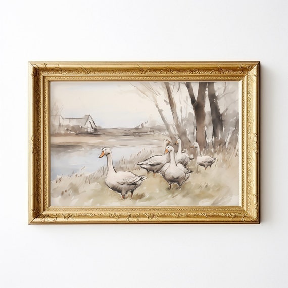 Antique Geese Digital Print | VINTAGE NURSERY wall decor | Spring DUCKS watercolor painting | farmhouse wall decor | vintage wall art