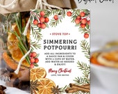 Printable HOLIDAY Stovetop Simmering Potpourri Tag, GIFT Idea, Homemade CHRISTMAS Potpourri Instructions Tag, Digital Template,
