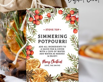 Printable HOLIDAY Stovetop Simmering Potpourri Tag, GIFT Idea, Homemade CHRISTMAS Potpourri Instructions Tag, Digital Template,