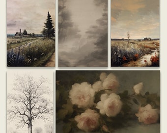 Dark French Country Inspired Digital Prints Set of 5, Instant Download, Minimal Prints, Vintage Gallery Wall Set, Minimal Muted Wall Art