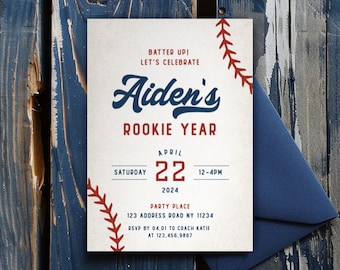 Baseball ROOKIE YEAR FIRST birthday invitation template, Boy First Birthday, Baseball themed birthday
