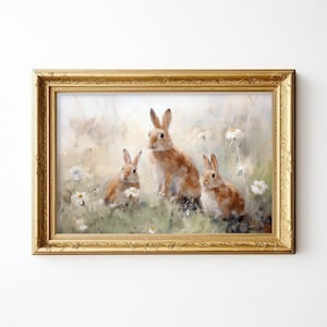 Antique BUNNY Digital Print | VINTAGE NURSERY wall decor | Bunnies in flower field watercolor painting | vintage wall art | Girl Nursery