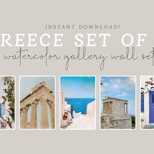 Grecia Set di 5 stampe digitali ad acquerello, download immediato, set di pareti della galleria, arte murale mediterranea, stampa costiera, poster della Grecia