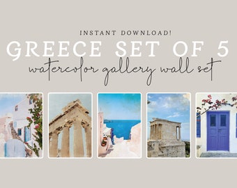 Greece Set of 5 Watercolor Digital Prints, Instant Download, Gallery Wall Set, Mediterranean Wall Art, Coastal Print, Greece Posters