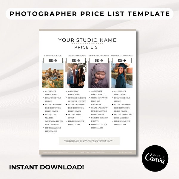 Photographer Price List Template - Pricing Guide For Photo shoots, Package Booking Flyer for Small Photography Business, Editable, Printable