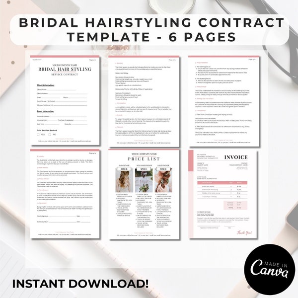 Bridal Hairstylist Contract Template | Wedding Party hair Service Agreement, Freelance Beauty Salon Forms, Invoice & Price List, Editable