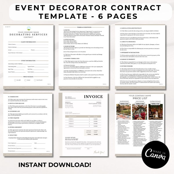 Event Decorating Services Contract Template | Client Agreement, Editable, Printable, Decorator Forms, Wedding Planners, Invoice, Price List