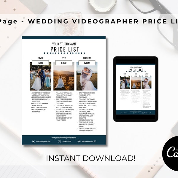 Price List Template for Videographer | Printable, Wedding Packages, Client Communication, Filmmaker Pricing Guide, Photography Price Sheet