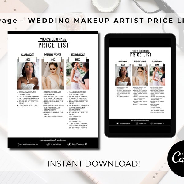 Makeup Artist Price List Template: Wedding Makeup Services, Bridal Beauty, MUA, Cosmetics, Editable Printable Design, Pricing Guide, Canv