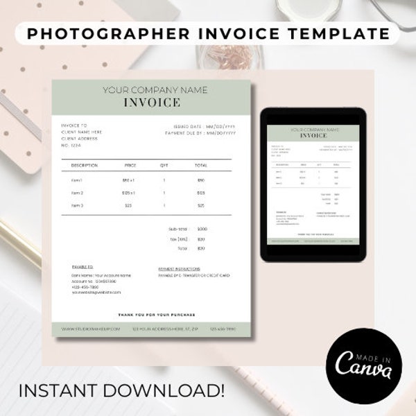 Photography Invoice Template | Client Invoice for Photographers and other small businesses, Printable Form, Edit & Customize with Canva
