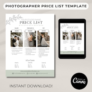 Photography Price List Template, Pricing Guide For Photographers, Client Service Packages, Promotional Sales Form, Small Business Marketing