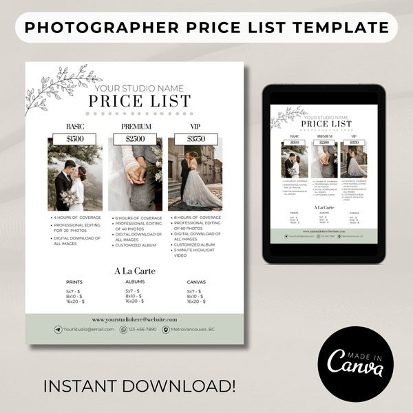 Photography Price List Template, Pricing Guide For Photographers, Client Service Packages, Promotional Sales Form, Small Business Marketing