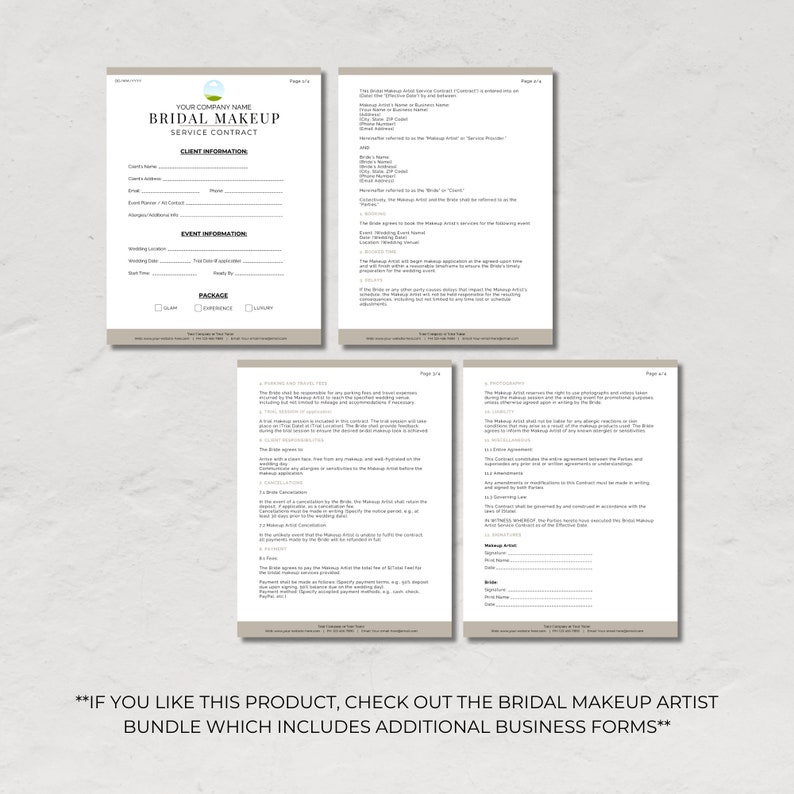 Custom Bridal MUA Agreement Wedding Makeup Artist Services Contract ...